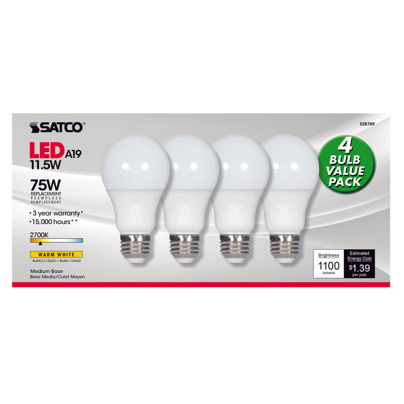 SATCO - Satco Type-A A19 E26 (Medium) LED Bulb Warm White 75 Watt Equivalence 4 pk