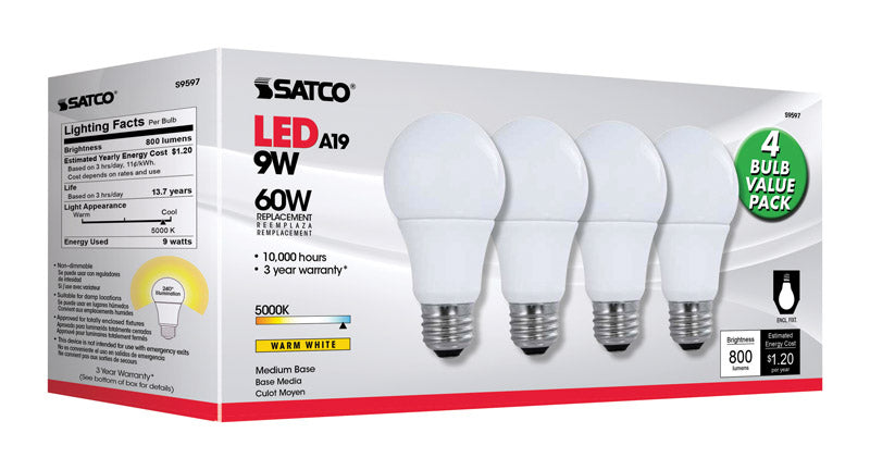 SATCO - Satco Type A A19 E26 (Medium) LED Bulb Natural Light 60 Watt Equivalence 4 pk - Case of 12