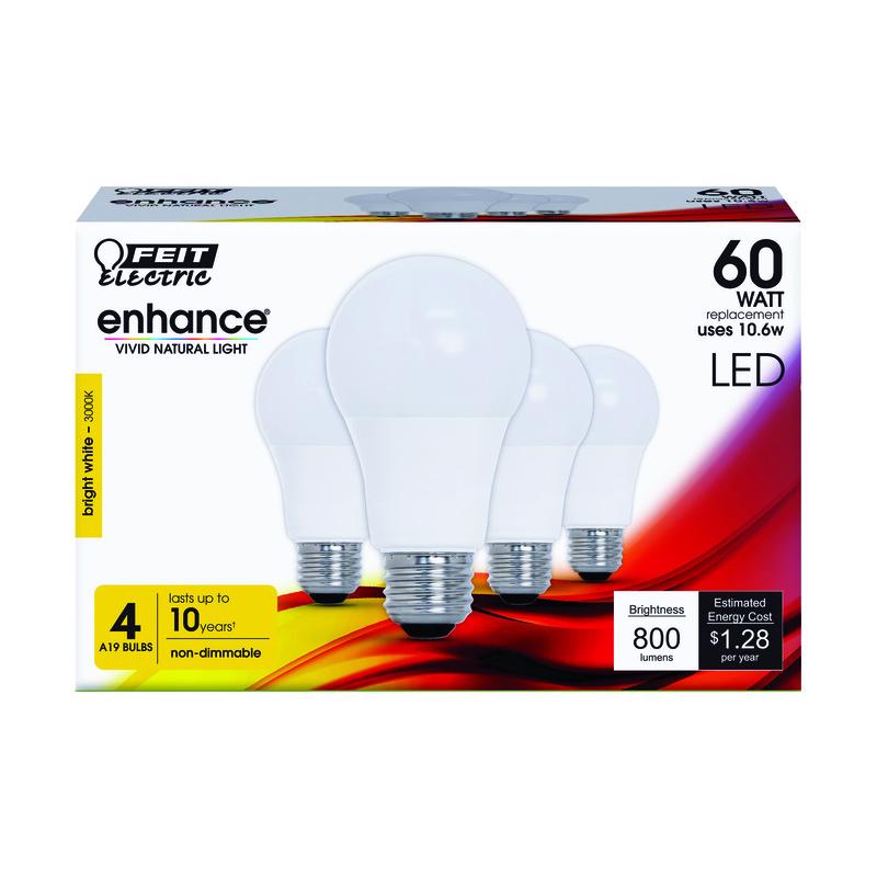 FEIT - Feit Enhance A19 E26 (Medium) LED Bulb Bright White 60 Watt Equivalence 4 pk