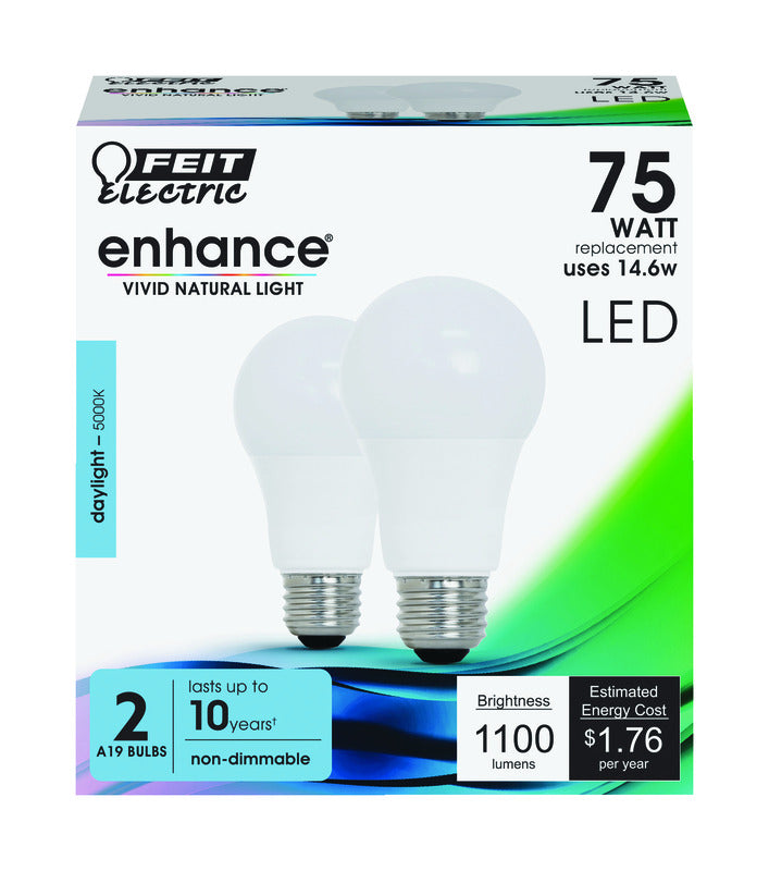 FEIT - Feit Enhance A19 E26 (Medium) LED Bulb Daylight 75 Watt Equivalence 2 pk [OM75/950CA10K/2]