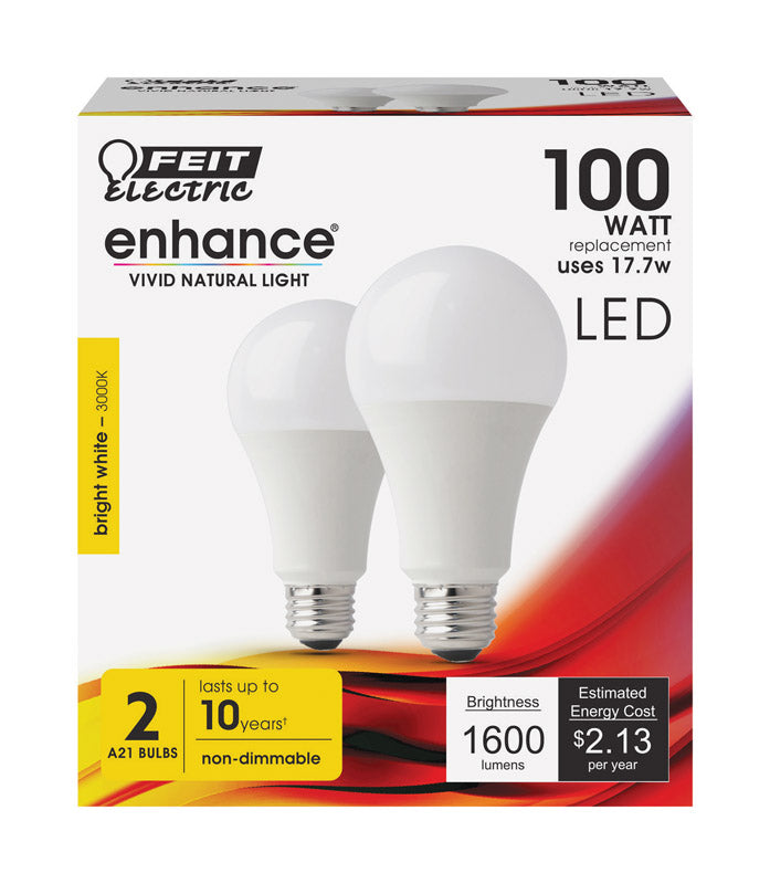 FEIT - Feit Enhance A21 E26 (Medium) LED Bulb Bright White 100 Watt Equivalence 2 pk