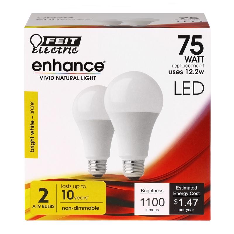 FEIT - Feit Enhance A19 E26 (Medium) LED Bulb Bright White 75 Watt Equivalence 2 pk [OM75/930CA10K/2]