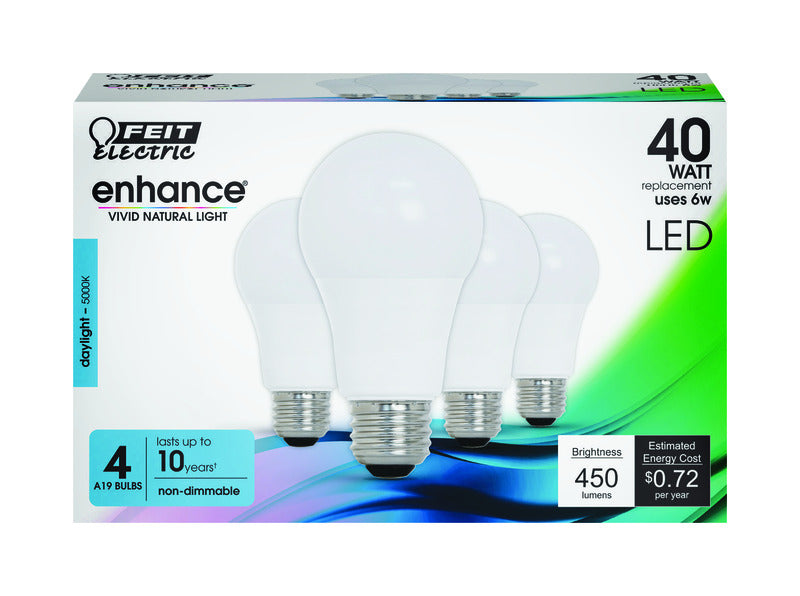 FEIT - Feit Enhance A19 E26 (Medium) LED Bulb Daylight 40 Watt Equivalence 4 pk [OM40/950CA10K/4]