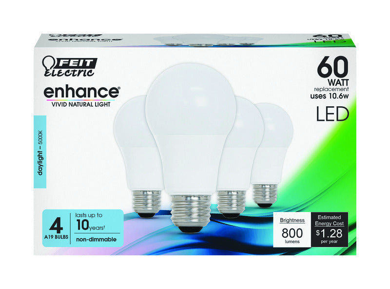 FEIT - Feit Enhance A19 E26 (Medium) LED Bulb Daylight 60 Watt Equivalence 4 pk [OM60/950CA10K/4]