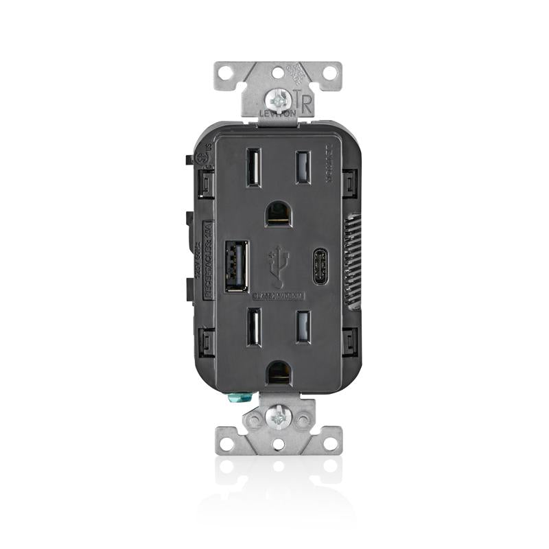 LEVITON - Leviton Decora 15 amps 125 V Type A/C Duplex Black Outlet and USB Charger 5-15R 1 pk