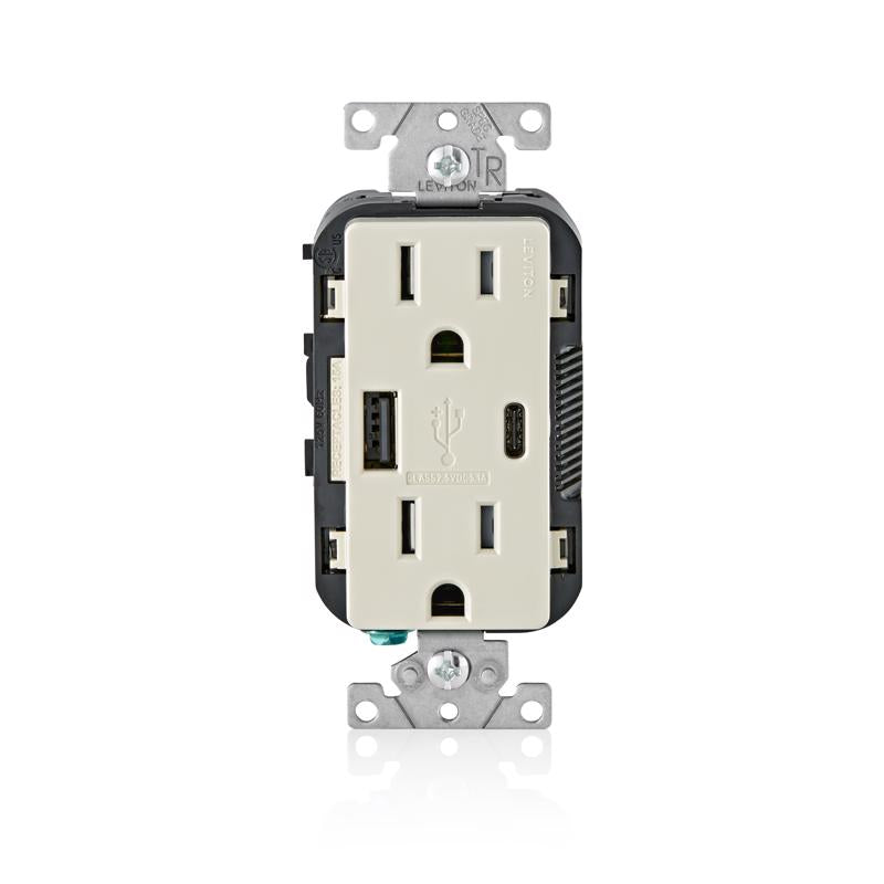 LEVITON - Leviton Decora 15 amps 125 V Type A/C Duplex Light Almond Outlet and USB Charger 5-15R 1 pk