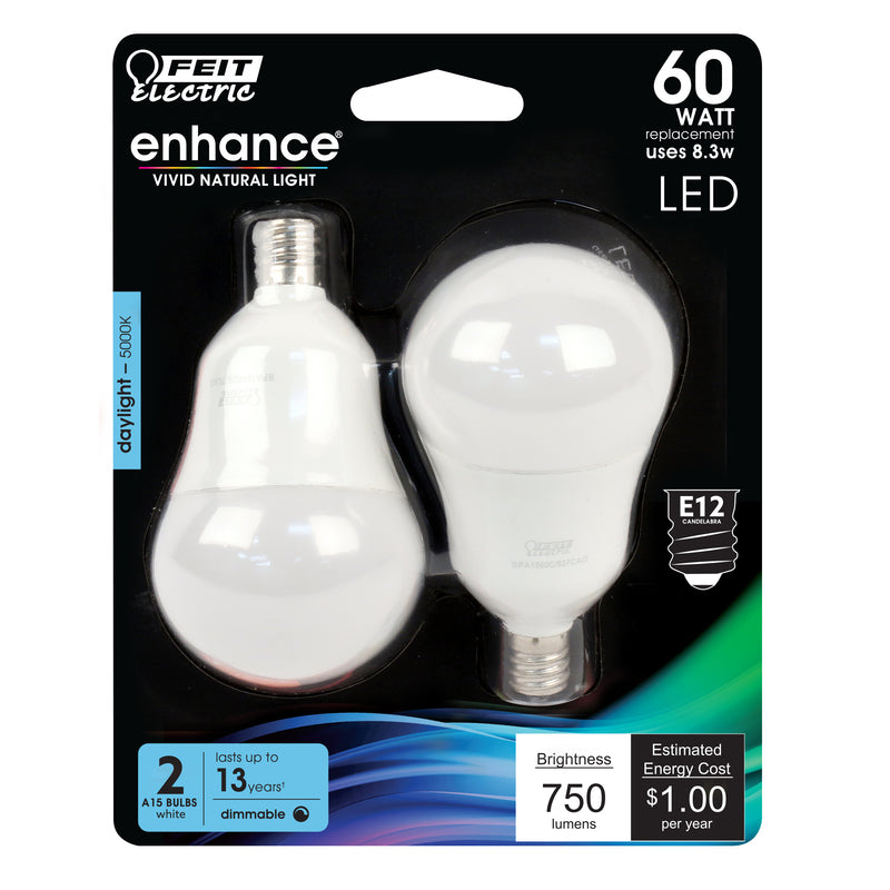 FEIT - Feit Enhance A15 E12 (Candelabra) Filament LED Bulb Daylight 60 Watt Equivalence 2 pk