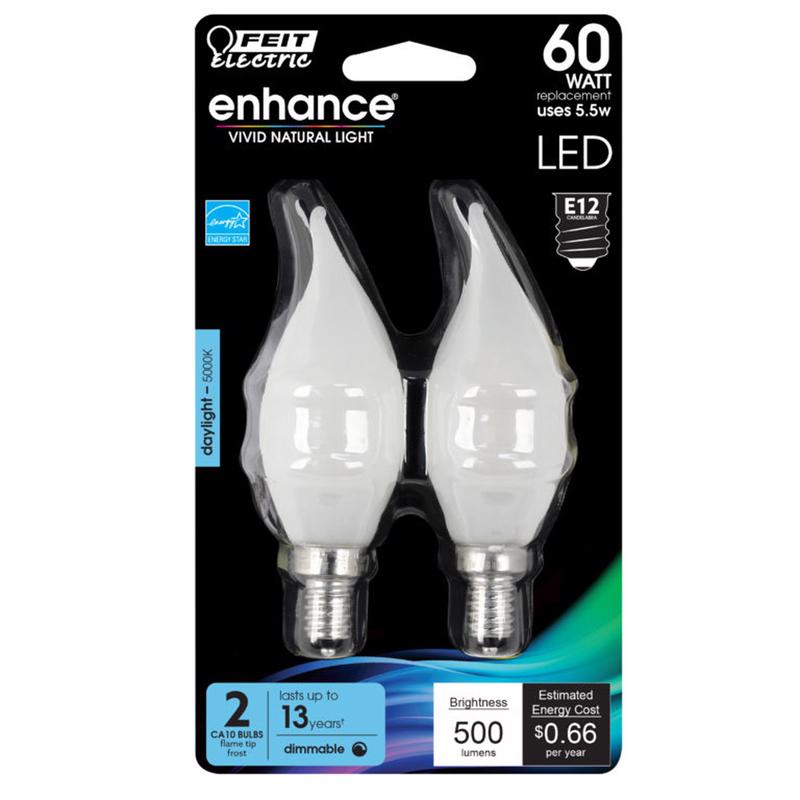 FEIT - Feit Enhance Flame Tip E12 (Candelabra) Filament LED Bulb Daylight 60 Watt Equivalence 2 pk