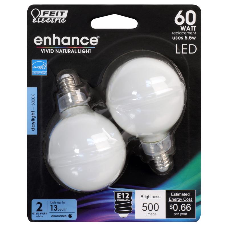 FEIT - Feit Enhance G16.5 E12 (Candelabra) Filament LED Bulb Daylight 60 Watt Equivalence 2 pk [BPG1660W95CAFL2]