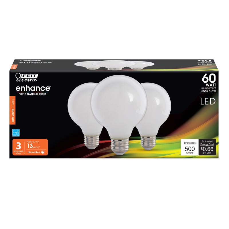 FEIT - Feit Enhance G25 E26 (Medium) Filament LED Bulb Soft White 60 Watt Equivalence 3 pk [G2560W927CAFL3R]