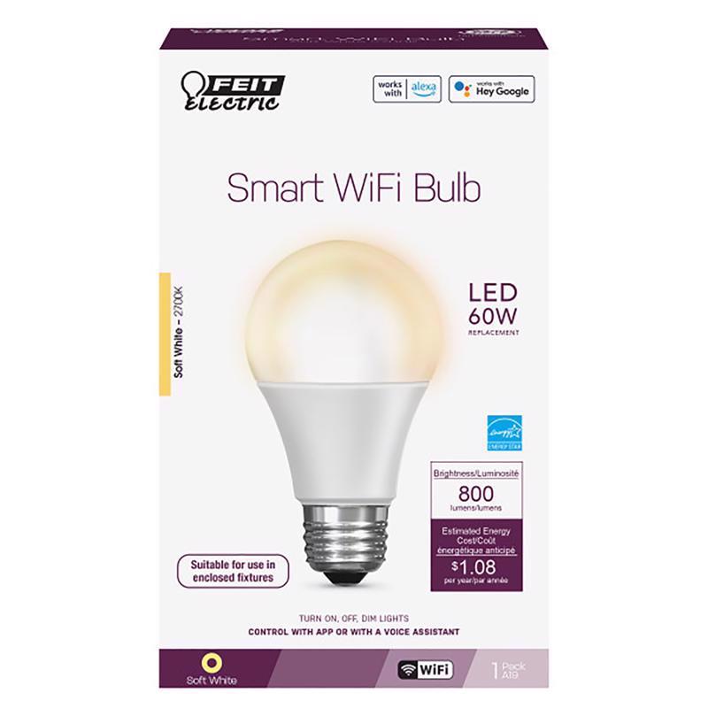 FEIT - Feit Smart Home A19 E26 (Medium) Smart-Enabled LED Bulb Soft White 60 Watt Equivalence 1 pk [OM60/927CA/AG]