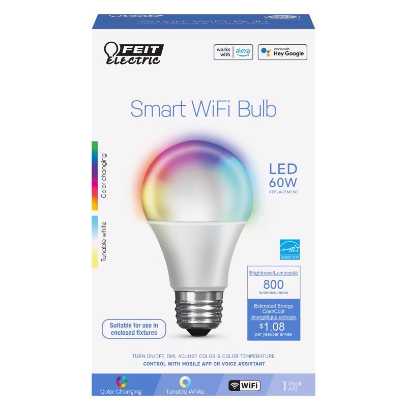 FEIT - Feit Smart Home A19 E26 (Medium) Smart-Enabled Smart WiFi LED Bulb Color Changing 60 Watt Equivalenc