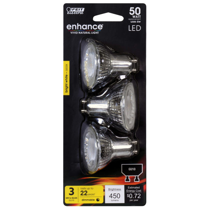 FEIT - Feit Enhance MR16 GU10 LED Bulb Bright White 50 Watt Equivalence 3 pk [MR16G1050930CA3]