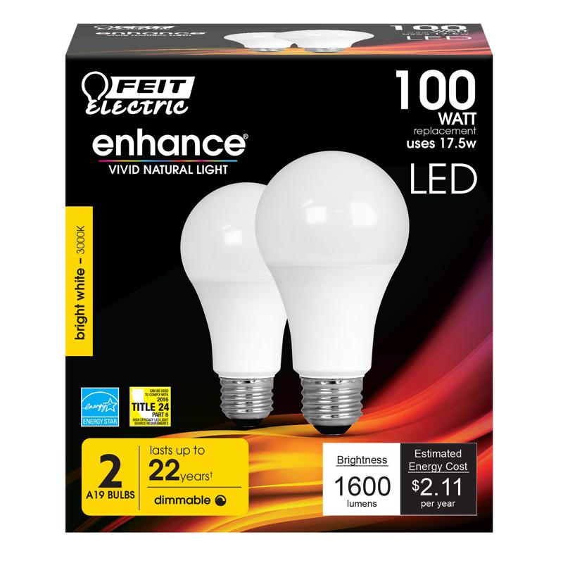 FEIT - Feit Enhance A19 E26 (Medium) LED Bulb Bright White 100 Watt Equivalence 2 pk