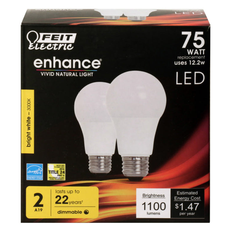 FEIT - Feit Enhance A19 E26 (Medium) LED Bulb Bright White 75 Watt Equivalence 2 pk [OM75DM/930CA/2]