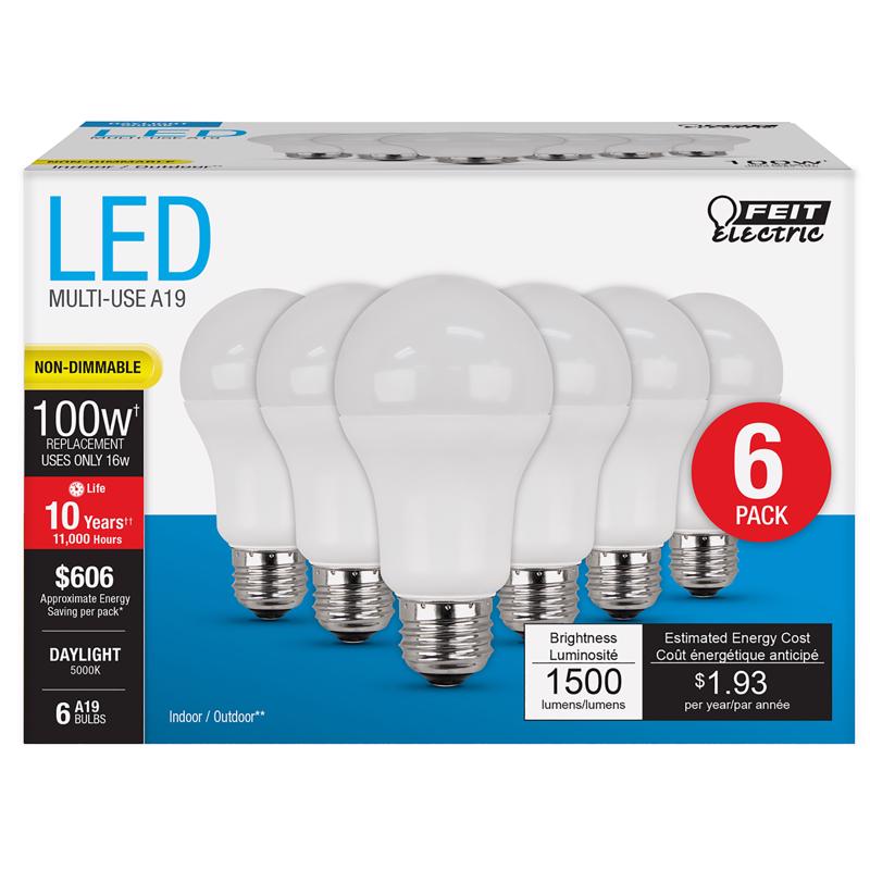 FEIT - Feit A19 E26 (Medium) LED Bulb Daylight 100 Watt Equivalence 6 pk