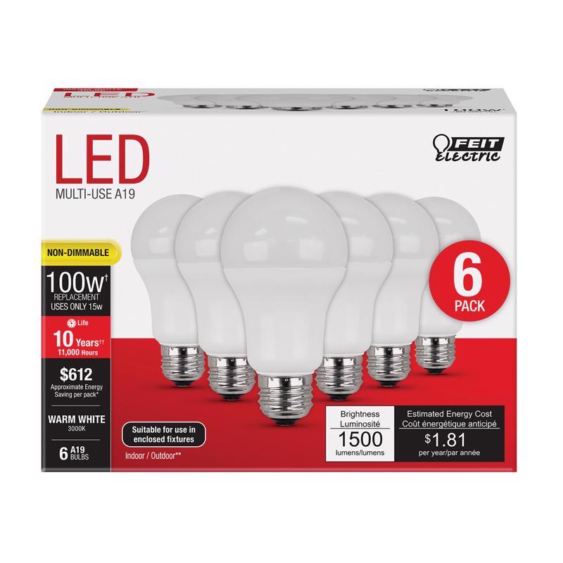 FEIT - Feit A19 E26 (Medium) LED Bulb Warm White 100 Watt Equivalence 6 pk