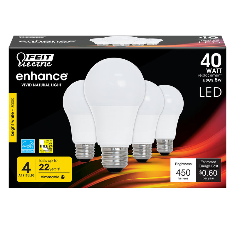 FEIT - Feit Enhance A19 E26 (Medium) LED Bulb Bright White 40 Watt Equivalence 4 pk [OM40DM/930CA/4]