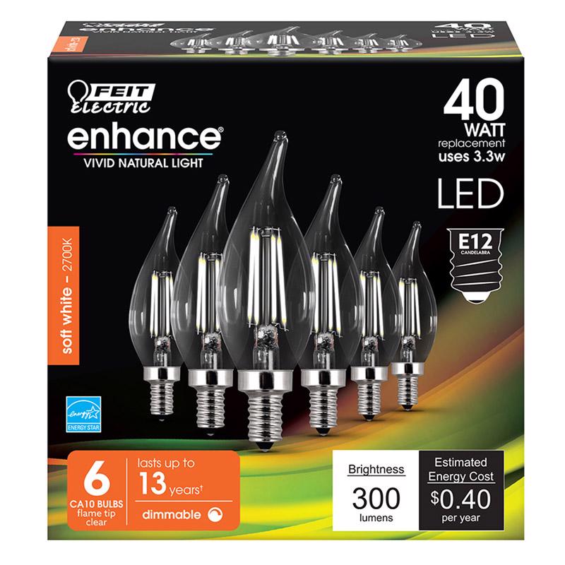 FEIT - Feit Enhance CA10 E12 (Candelabra) Filament LED Bulb Soft White 40 Watt Equivalence 6 pk