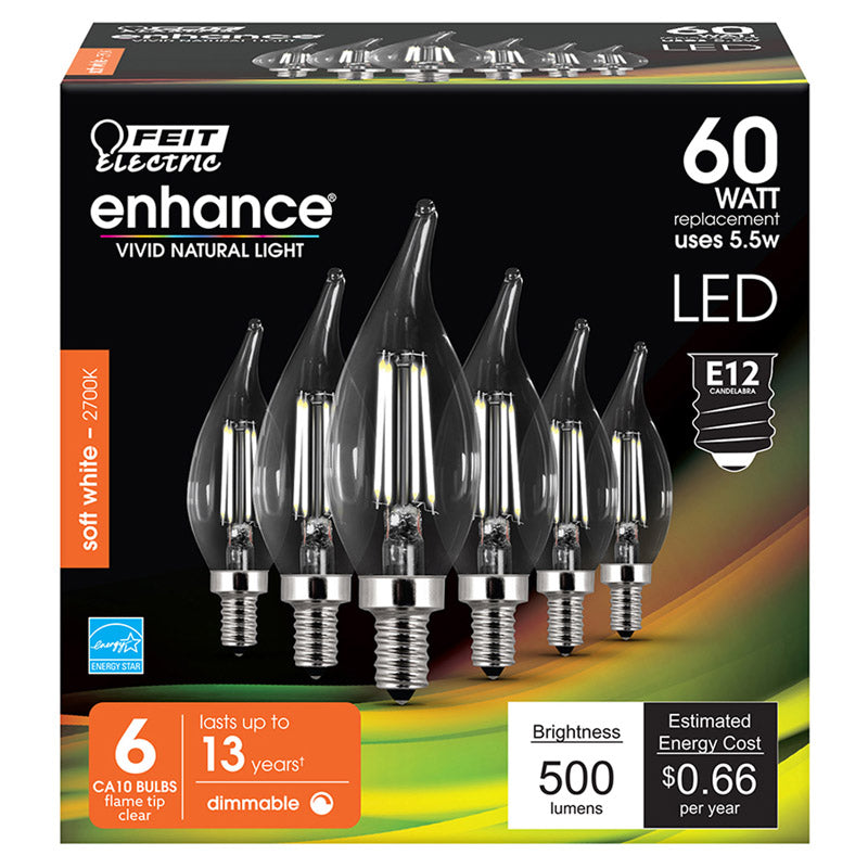 FEIT - Feit Enhance CA10 E12 (Candelabra) Filament LED Bulb Soft White 60 Watt Equivalence 6 pk