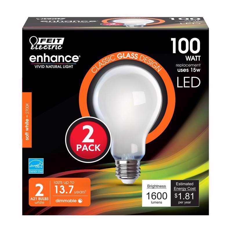 FEIT - Feit Enhance A21 E26 (Medium) Filament LED Bulb Soft White 100 Watt Equivalence 2 pk