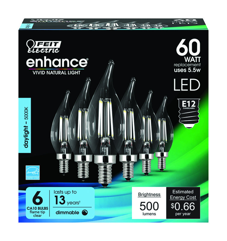 FEIT - Feit Enhance CA10 E12 (Candelabra) Filament LED Bulb Daylight 60 Watt Equivalence 6 pk