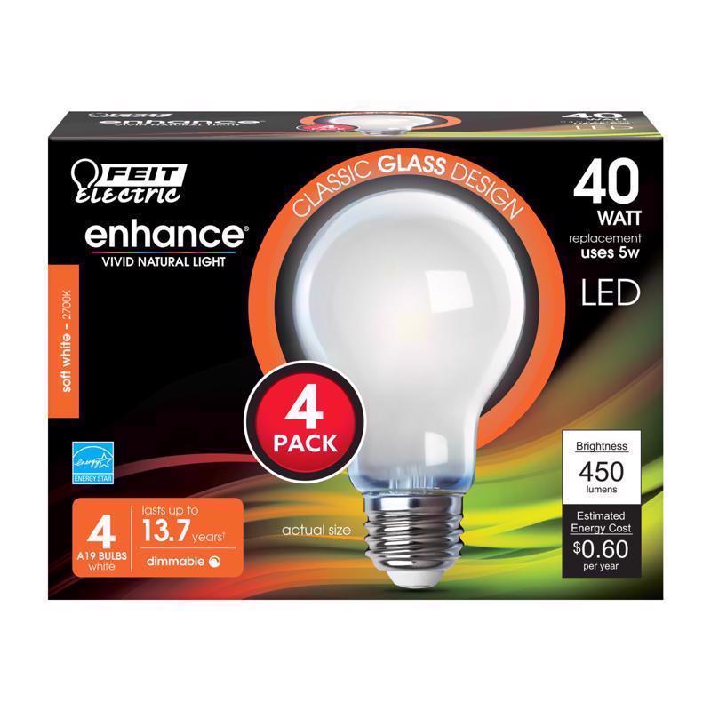 FEIT - Feit Enhance A19 E26 (Medium) Filament LED Bulb Soft White 40 Watt Equivalence 4 pk [A1940/927CAFIL4]