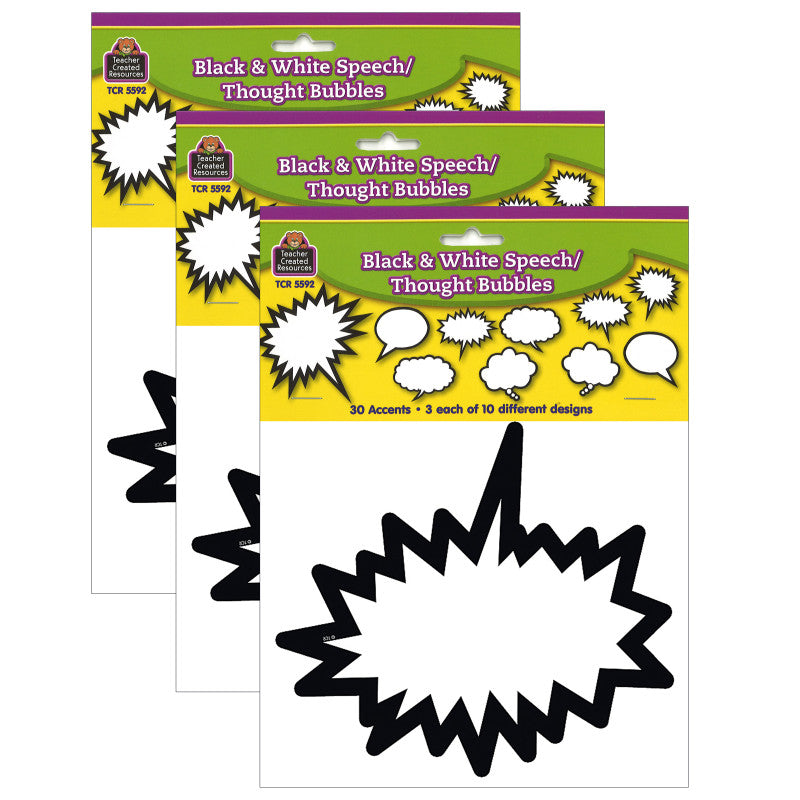 TEACHER CREATED RESOURCES - Superhero Black & White Speech/Thought Bubbles Accents, 30 Per Pack, 3 Packs
