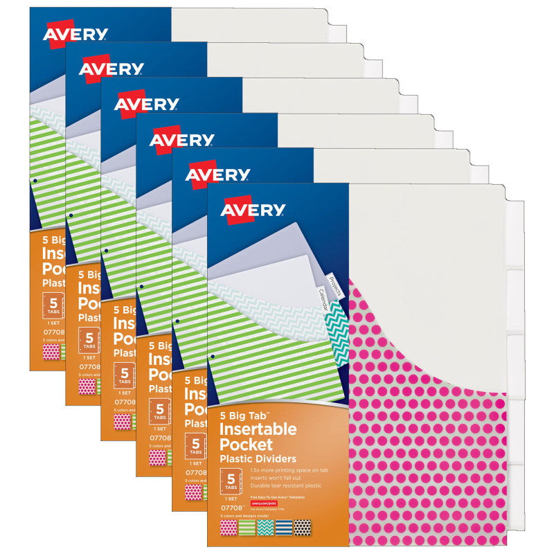 AVERY - Big Tab™ Insertable Plastic Dividers with Pockets, 5-Tab Set, Assorted Designs, 6 Sets