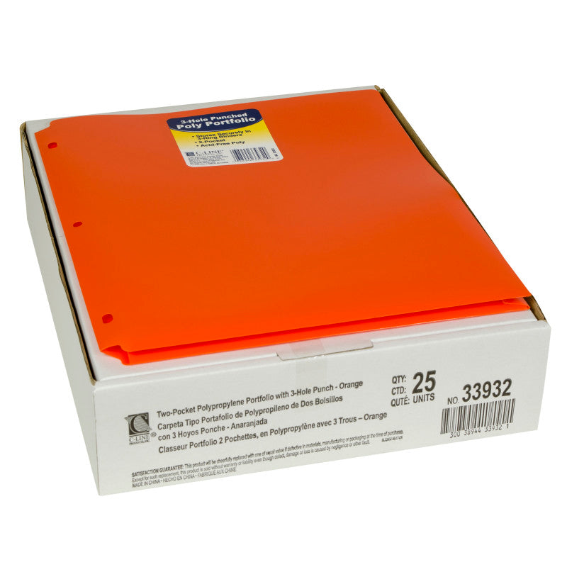 C-LINE - Two-Pocket Heavyweight Poly Portfolio Folder with Three-Hole Punch, Orange, Pack of 25