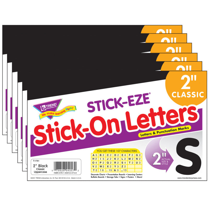 TREND - Black 2" STICK-EZE® Stick-On Letters, 107 Pieces Per Pack, 6 Packs