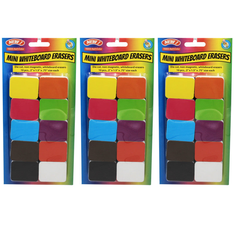 ASHLEY PRODUCTIONS - Non-Magnetic Mini Whiteboard Erasers, Assorted, 10 Per Pack, 3 Packs