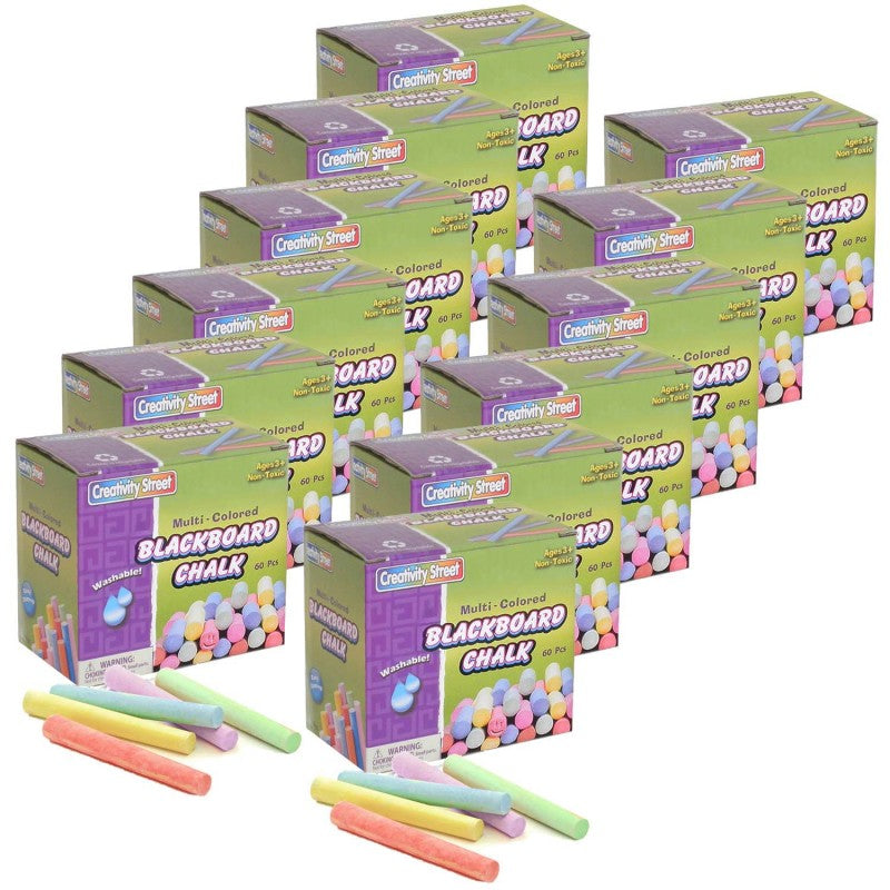 PACON - Blackboard Chalk, 5 Assorted Colors, 3/8" x 3-1/4", 60 Pieces Per Pack, 12 Packs