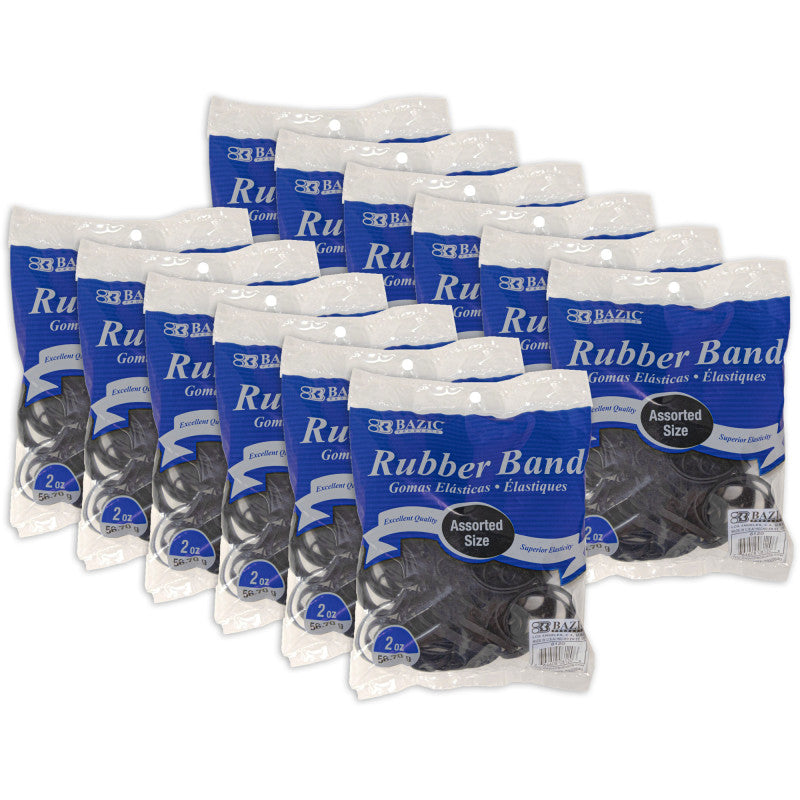 BAZIC PRODUCTS - Rubber Bands, Assorted Sizes, Black, 2 oz./56.70 g Per Pack, 12 Packs