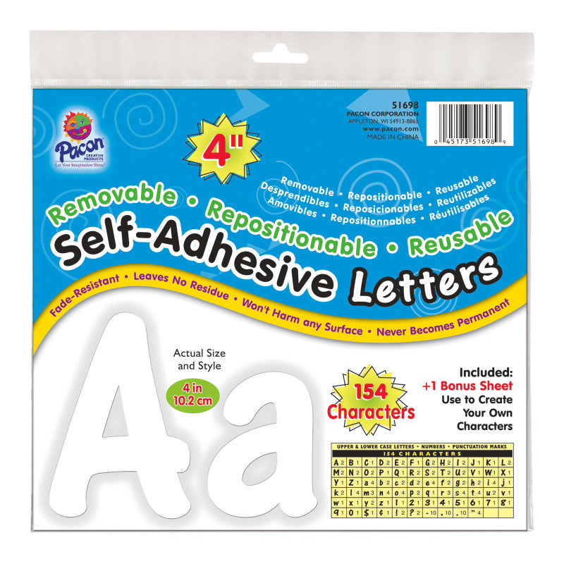 PACON - Self-Adhesive Letters, White, Cheery Font, 4", 154 Characters