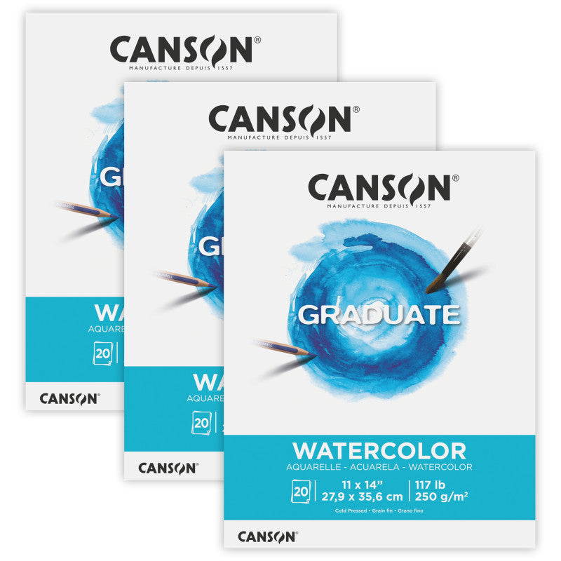 Graduate Watercolor Pad, Foldover Binding, 20 Sheet, 11x14 inch, Pack of 3