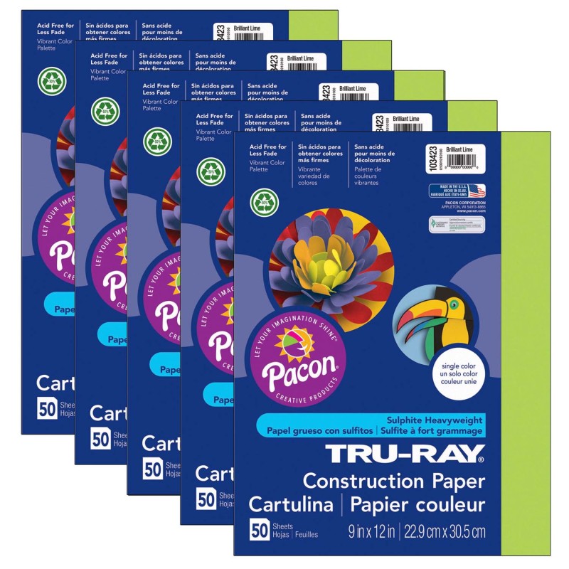 TRU-RAY - Construction Paper, Brilliant Lime, 9" x 12", 50 Sheets Per Pack, 5 Packs
