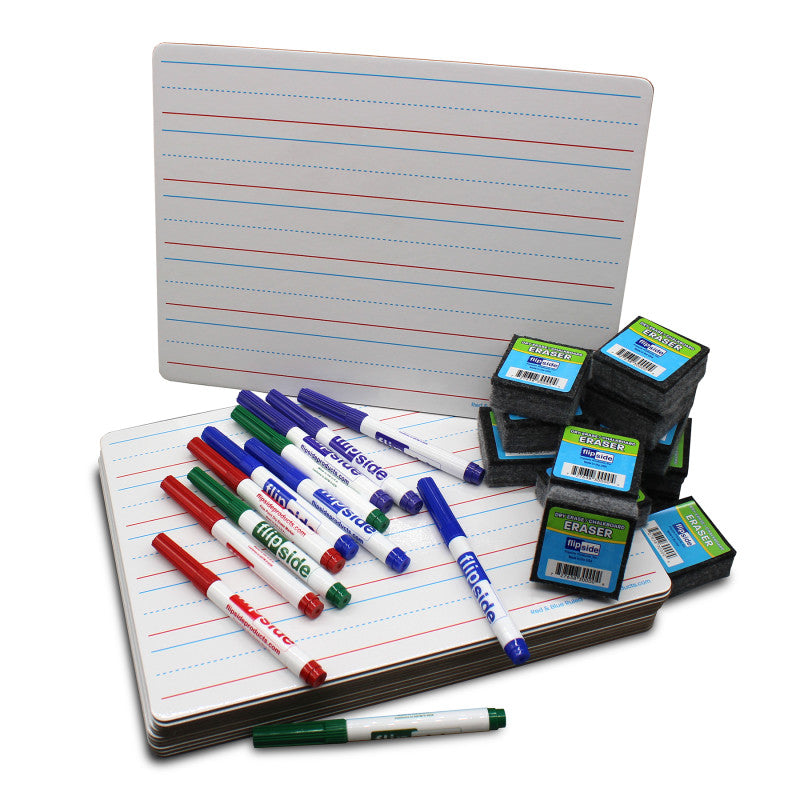 FLIPSIDE PRODUCTS - Two-Sided Dry Erase Boards, Red & Blue Ruled/Plain, 9" x 12", with Colored Pens & Student Erasers, Class Pack 12