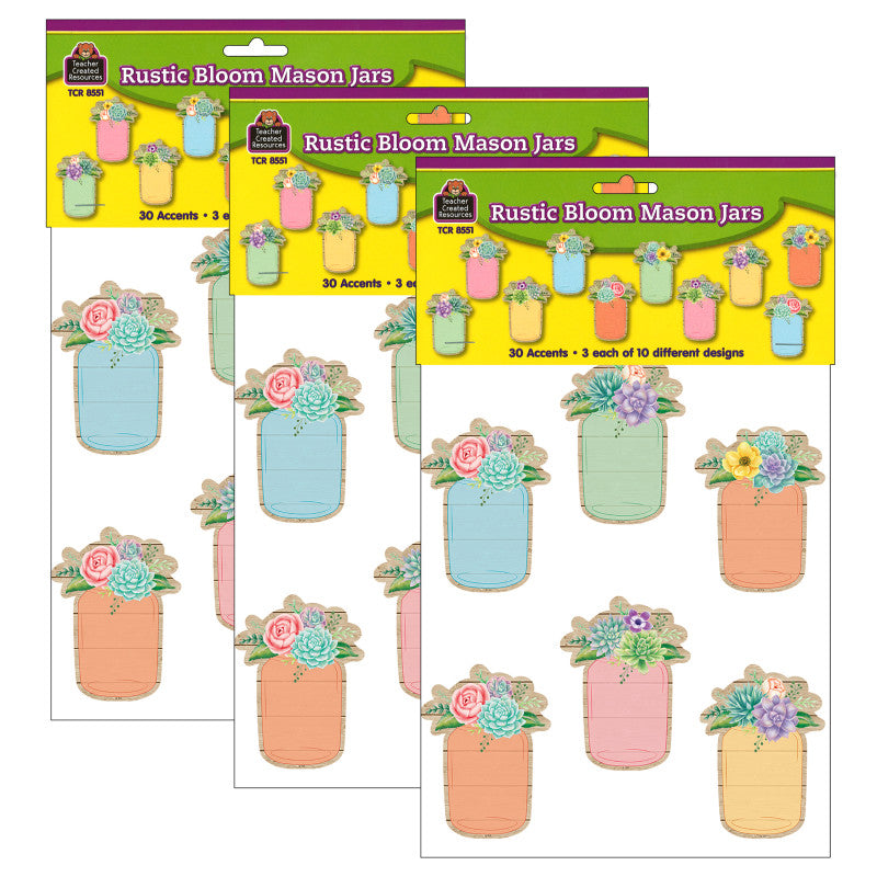 TEACHER CREATED RESOURCES - Rustic Bloom Mason Jars Accents, 30 Per Pack, 3 Packs