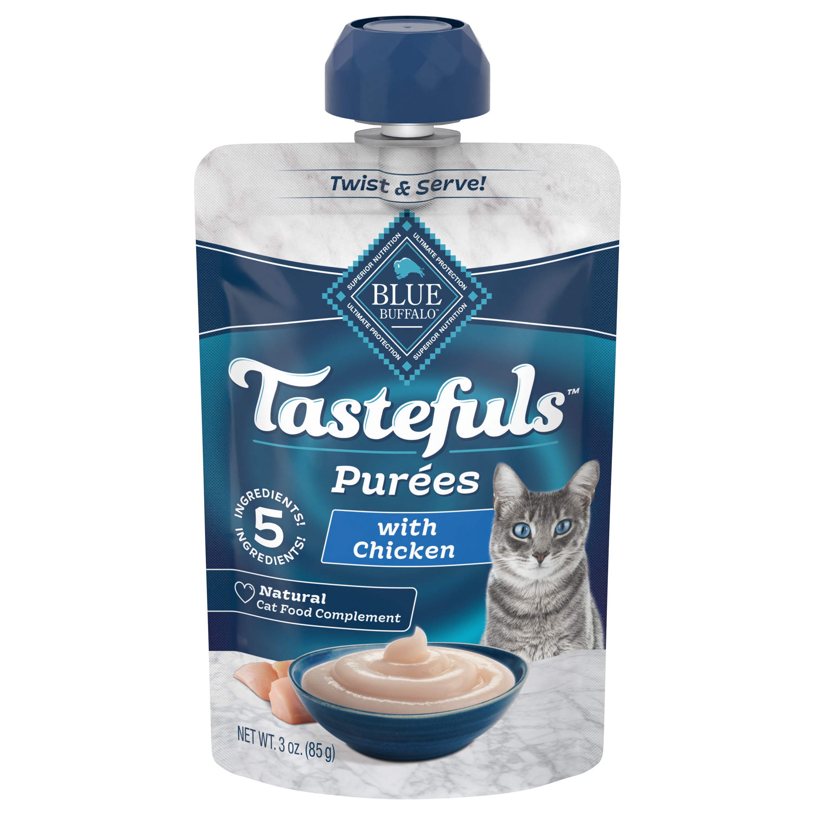 Blue Buffalo Tastefuls Adult Cat Natural Purées, Chicken 3-oz Resealable Twist Cap Pouch - Case of 12