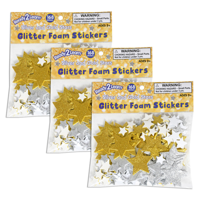 READY 2 LEARN - Glitter Foam Stickers - Stars - Silver and Gold, 168 Per Pack, 3 Packs