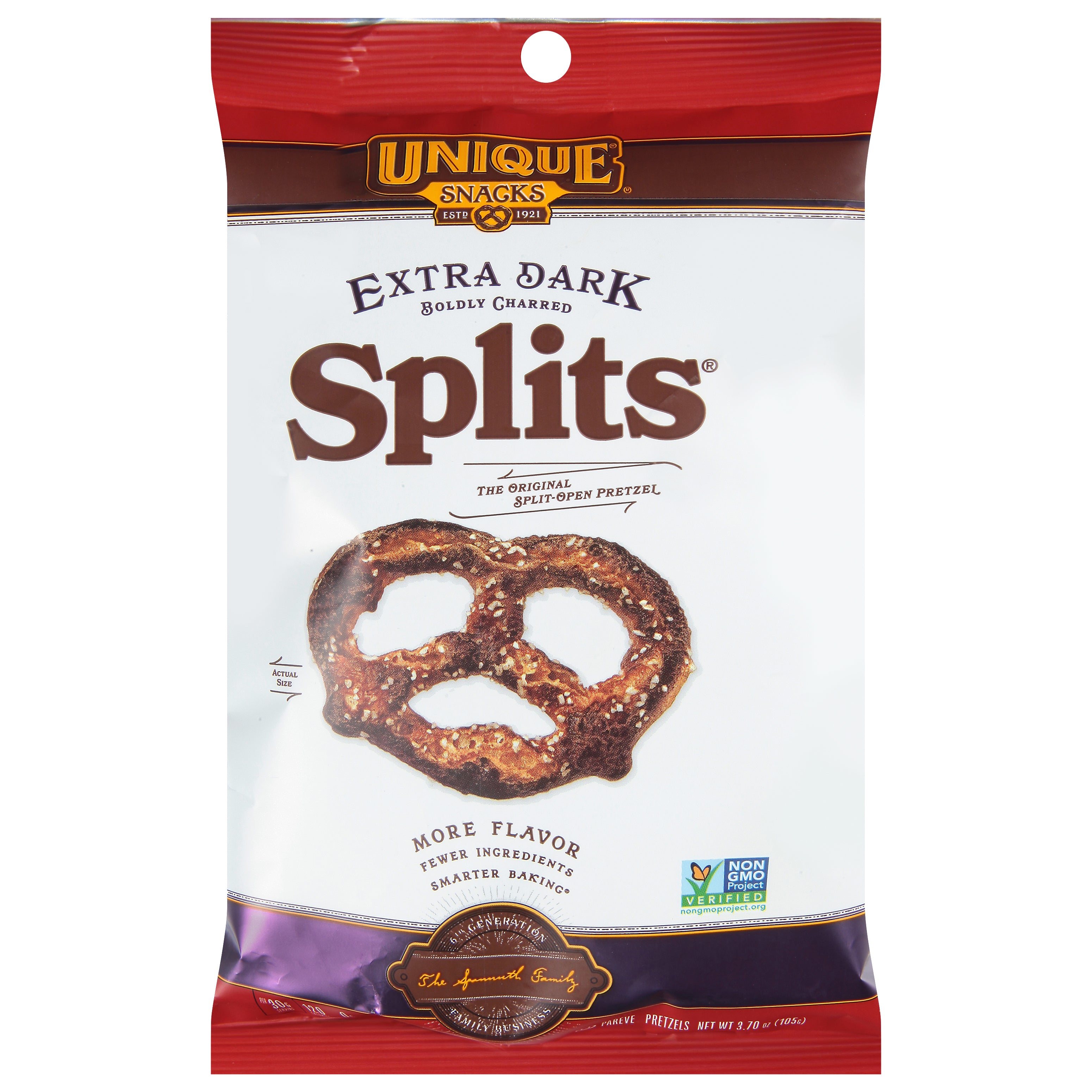 Unique Snacks Splits Boldly Charred Extra Dark Pretzels 3.70 oz - Case of 8