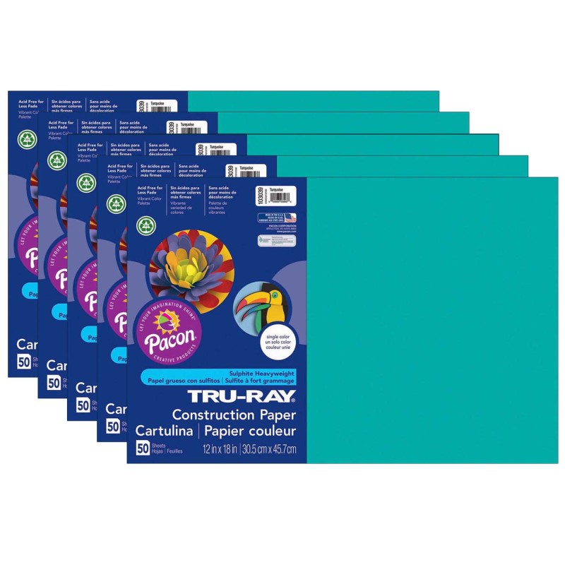 TRU-RAY - Construction Paper, Turquoise, 12" x 18", 50 Sheets Per Pack, 5 Packs (PAC103039-5)