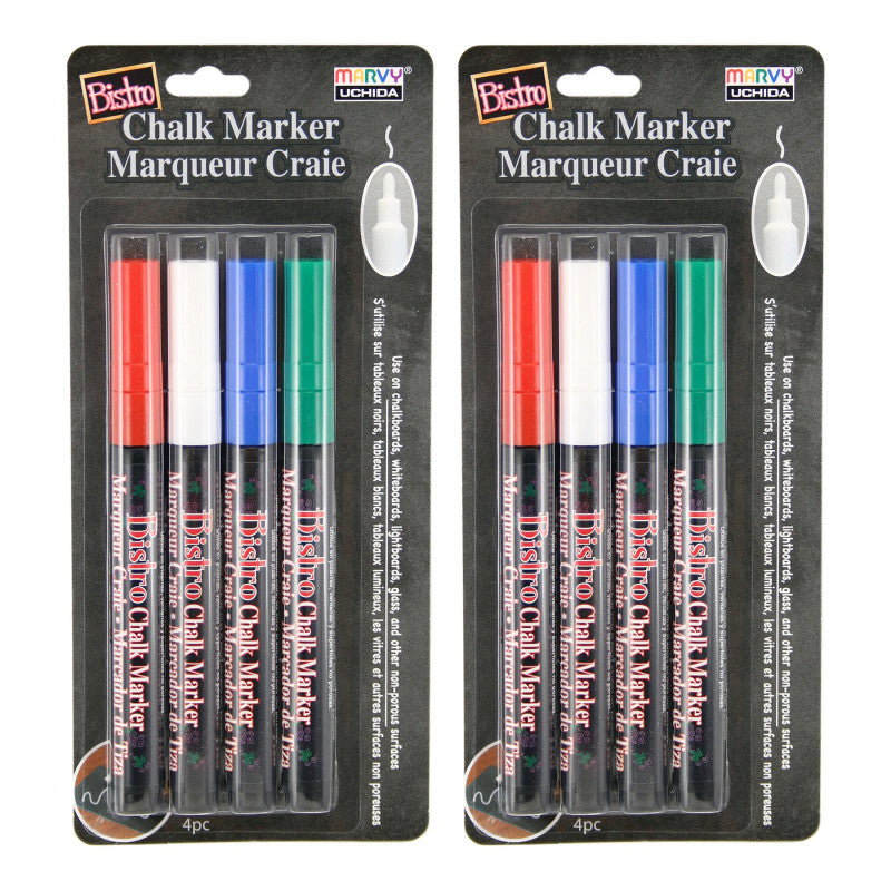 MARVY UCHIDA - Bistro Chalk Markers, Fine Tip, Red, Green, Blue, White, 4 Per Pack, 2 Packs