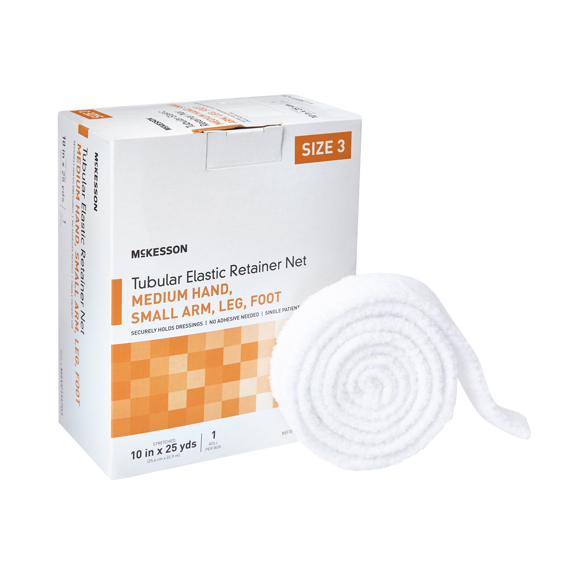 McKesson Brand - Elastic Net Retainer Dressing McKesson Tubular Elastic 10 Inch X 25 Yard (25.4 cm X 22.9 m) Size 3 White Medium Hand / Small Arm / Leg / Foot NonSterile [1/BX]