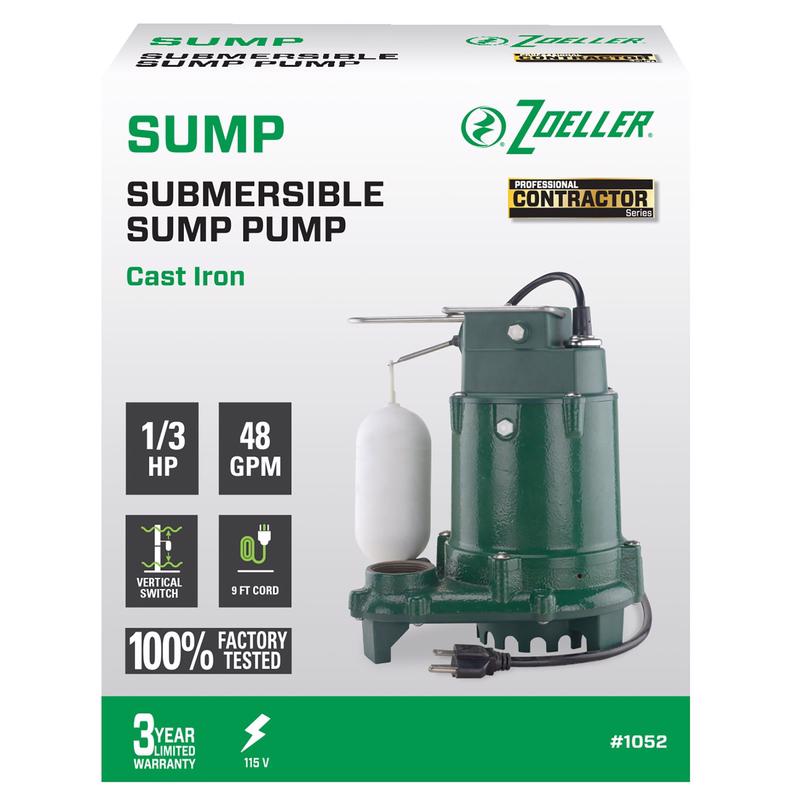 ZOELLER - Zoeller 1/3 HP 2880 gph Cast Iron Vertical Float Switch AC Submersible Sump Pump