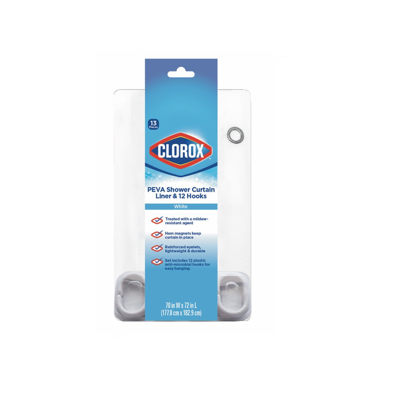 CLOROX - Clorox 70 in. H X 72 in. W White Shower Curtain W/Hooks PEVA