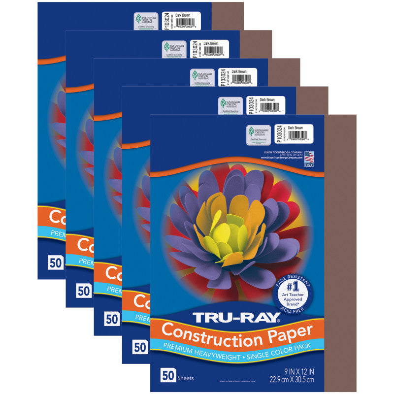 TRU-RAY - Construction Paper, Dark Brown, 9" x 12", 50 Sheets Per Pack, 5 Packs