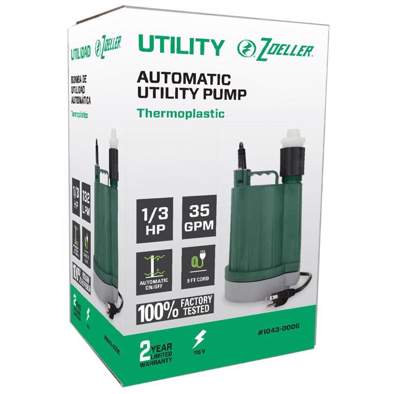 ZOELLER - Zoeller 1/3 HP 2400 gph Thermoplastic Electronic Switch Bottom AC Submersible Utility Pump