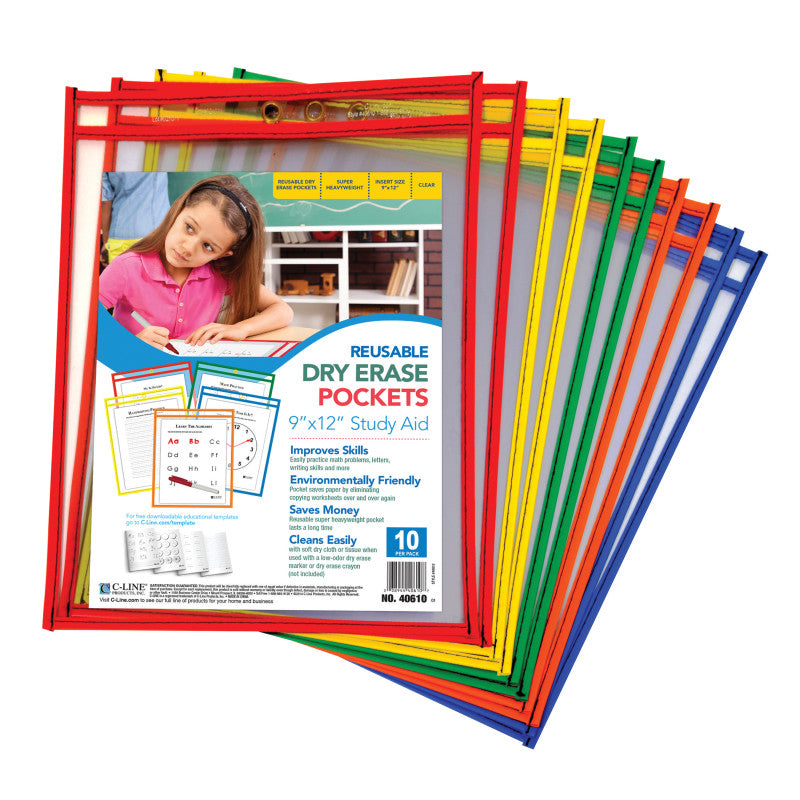 C-LINE - Reusable Dry Erase Pockets, Primary Colors, 9 x 12, Pack of 10